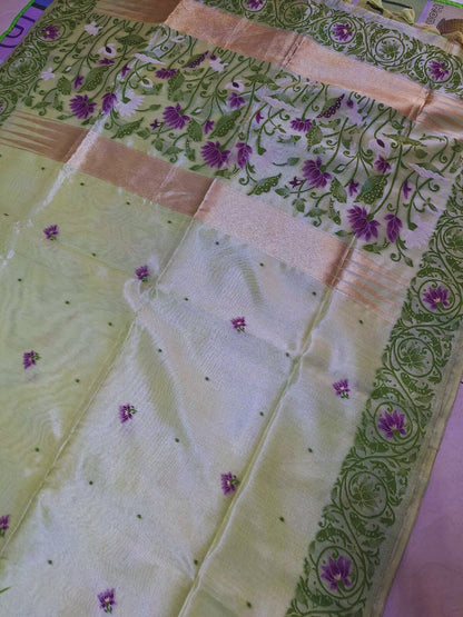 Tissue Silk - Green with Purple Lotus Weave Design