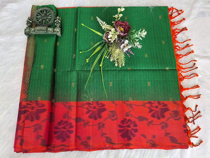 Pure Handloom Soft Silk - Green Orange Ikat theme border