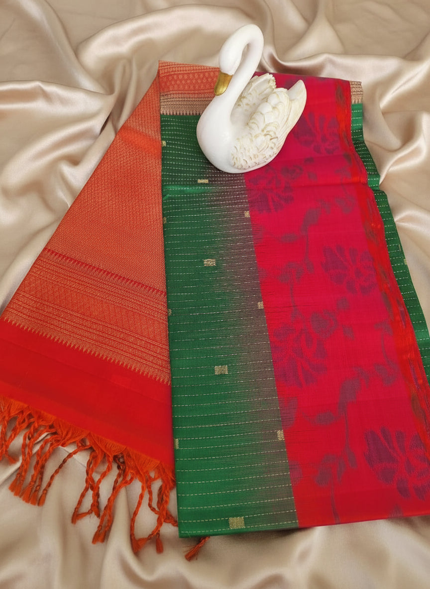 Pure Handloom Soft Silk - Green Orange Ikat theme border