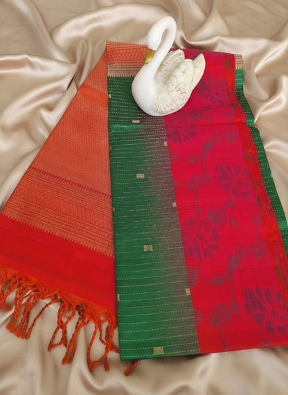 Pure Handloom Soft Silk - Green Orange Ikat theme border
