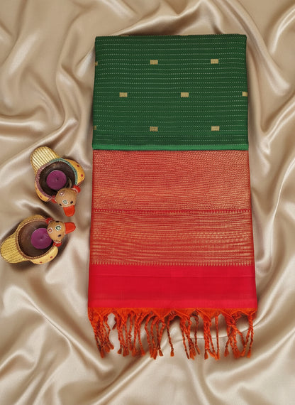Pure Handloom Soft Silk - Green Orange Ikat theme border