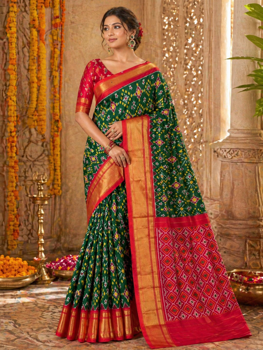 Pure Handloom Pochampally Ikat - Patola style Emerald Green & Red