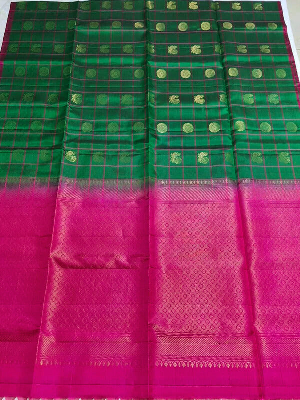 Pure Handloom Soft Silk - Dark Green & Pink Peacock Check Design
