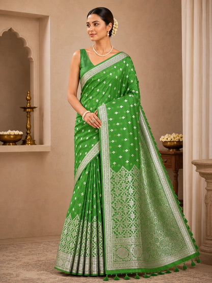 Pure Handloom Banarasi Silk - Parrot Green in Silver Gold Zari