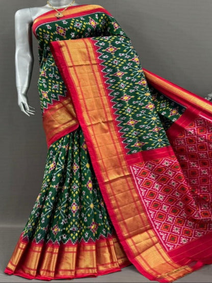 Pure Handloom Pochampally Ikat - Patola style Emerald Green & Red