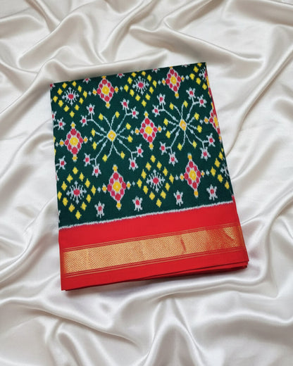 Pure Handloom Pochampally Ikat - Patola style Emerald Green & Red