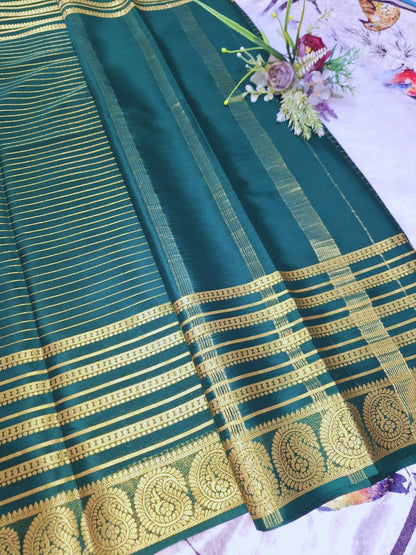 Pure Mysore Crepe Silk - Bottle Green Golden Kairi (Mango) Border