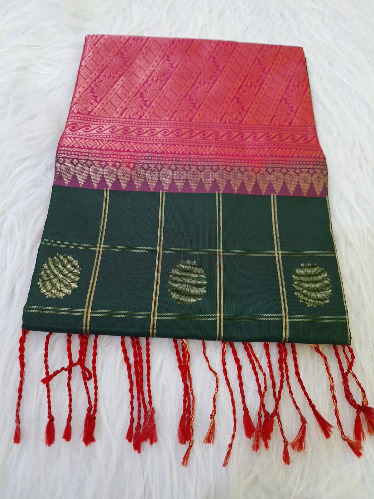 Pure Handloom Soft Silk - Bottle Green & Pink checks with big rudrakshs