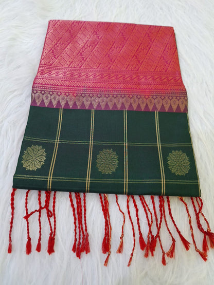 Pure Handloom Soft Silk - Bottle Green & Pink checks with big rudrakshs