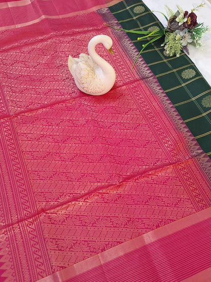 Pure Handloom Soft Silk - Bottle Green & Pink checks with big rudrakshs