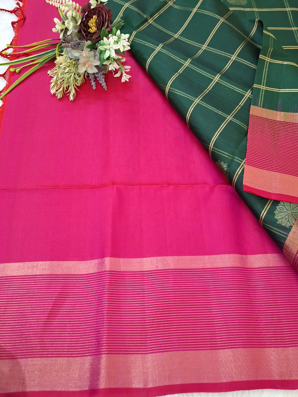 Pure Handloom Soft Silk - Bottle Green & Pink checks with big rudrakshs