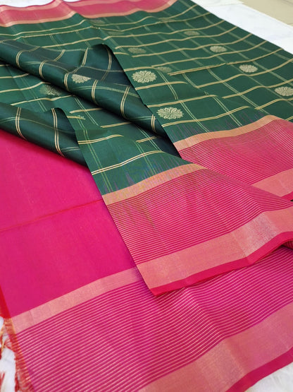 Pure Handloom Soft Silk - Bottle Green & Pink checks with big rudrakshs
