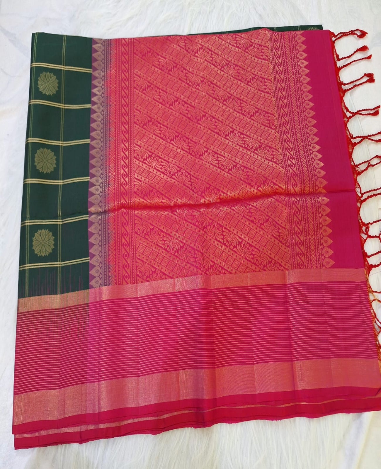 Pure Handloom Soft Silk - Bottle Green & Pink checks with big rudrakshs