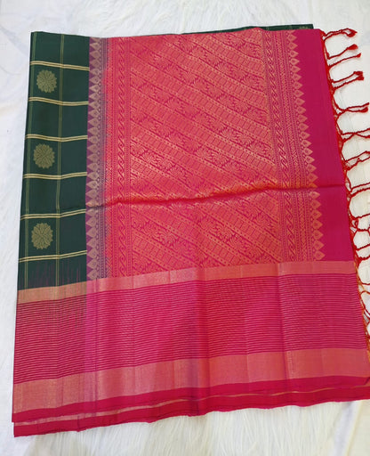 Pure Handloom Soft Silk - Bottle Green & Pink checks with big rudrakshs