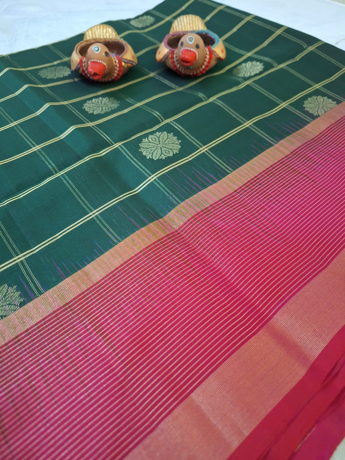 Pure Handloom Soft Silk - Bottle Green & Pink checks with big rudrakshs