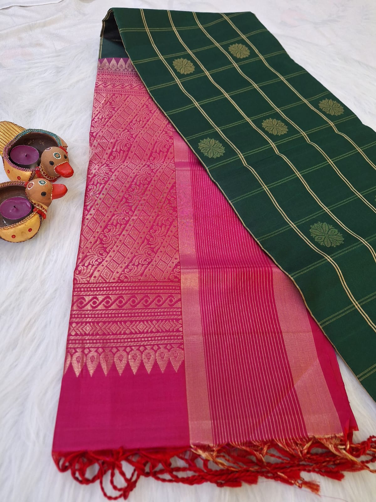 Pure Handloom Soft Silk - Bottle Green & Pink checks with big rudrakshs