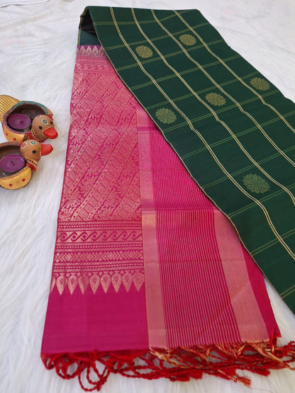 Pure Handloom Soft Silk - Bottle Green & Pink checks with big rudrakshs