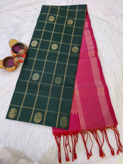 Pure Handloom Soft Silk - Bottle Green & Pink checks with big rudrakshs