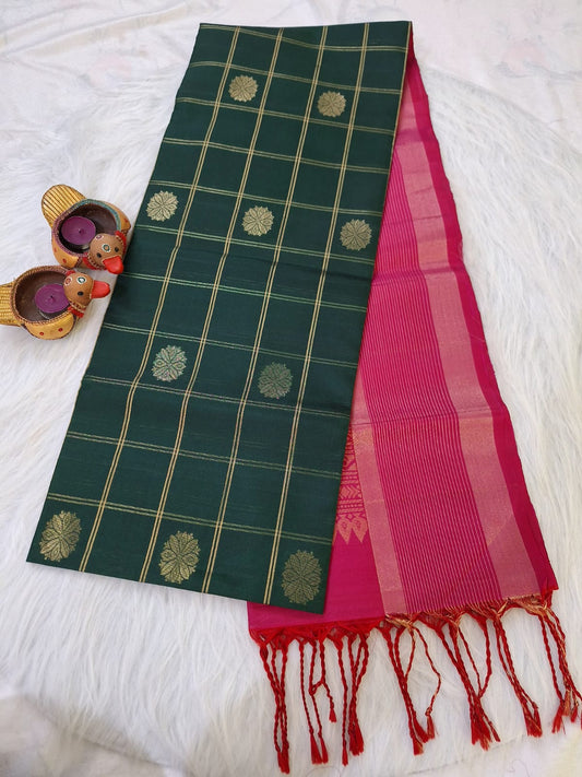 Pure Handloom Soft Silk - Bottle Green & Pink checks with big rudrakshs