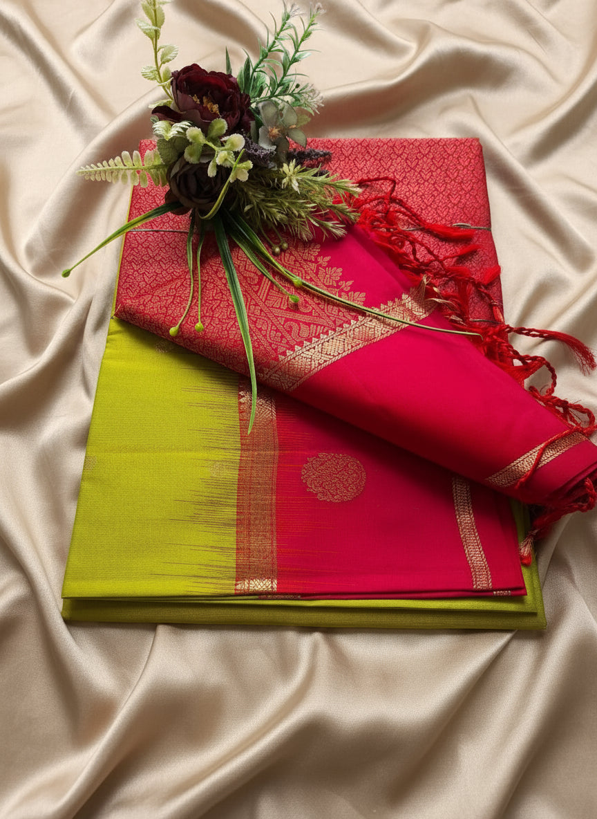 Pure Handloom Soft SIlk - Parrot Green & pink Rudraksh Gandaberundu motifs