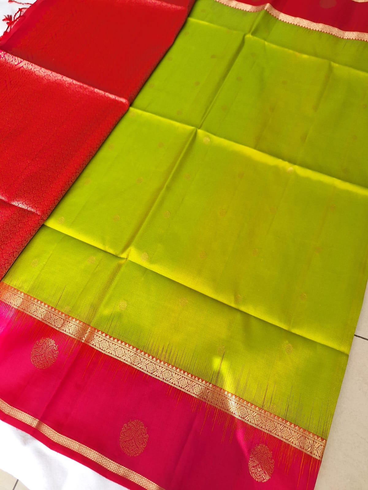 Pure Handloom Soft SIlk - Parrot Green & pink Rudraksh Gandaberundu motifs