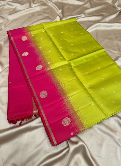 Pure Handloom Soft SIlk - Parrot Green & pink Rudraksh Gandaberundu motifs