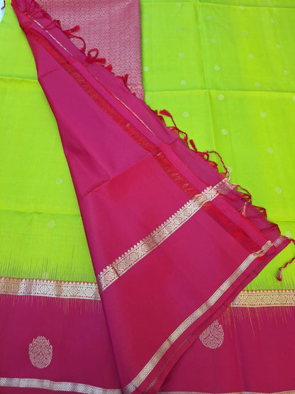 Pure Handloom Soft SIlk - Parrot Green & pink Rudraksh Gandaberundu motifs
