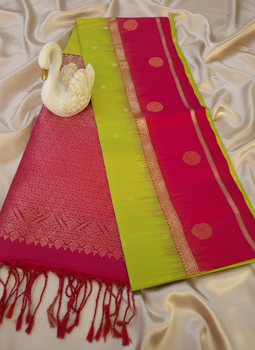 Pure Handloom Soft SIlk - Parrot Green & pink Rudraksh Gandaberundu motifs