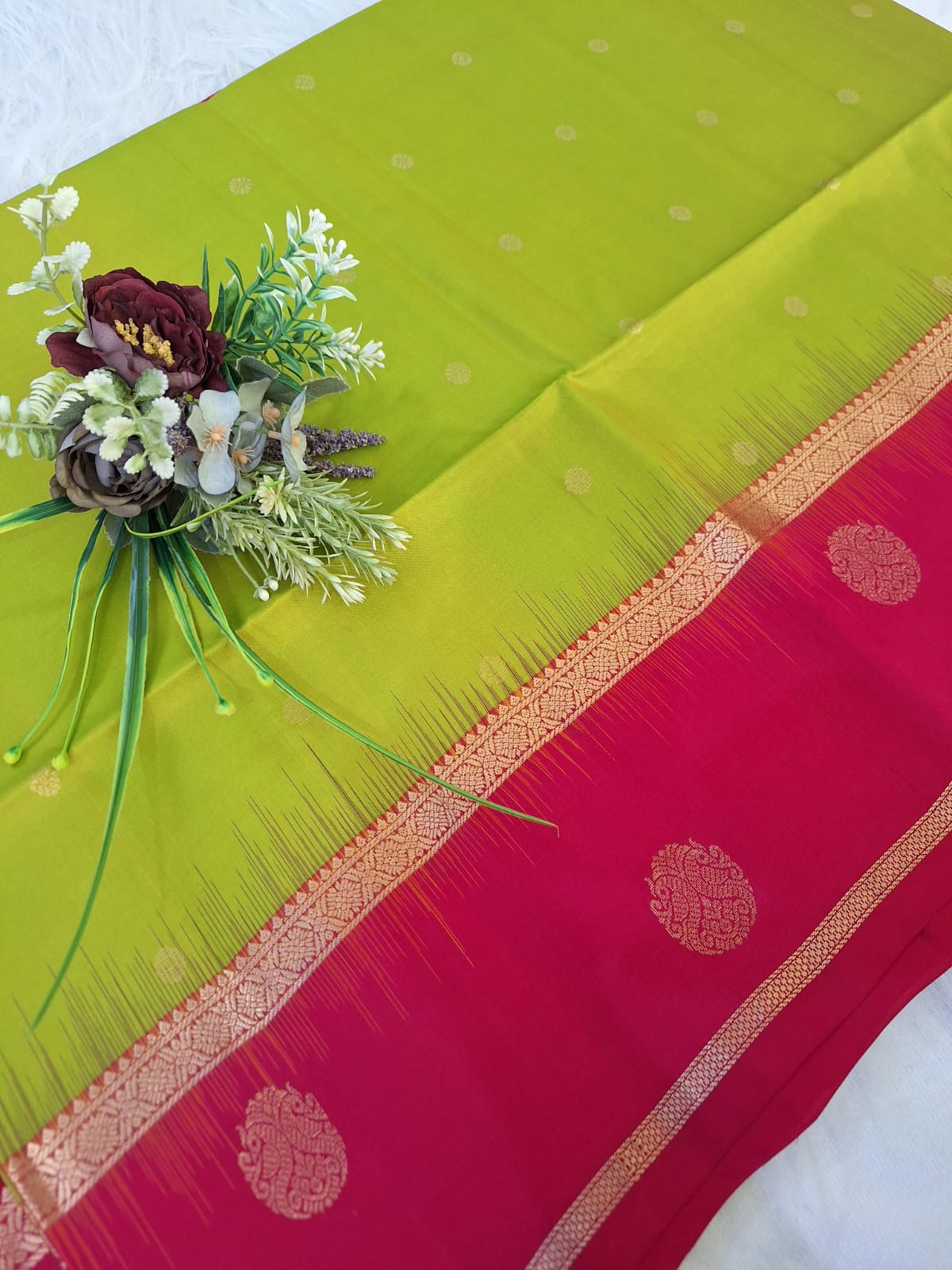 Pure Handloom Soft SIlk - Parrot Green & pink Rudraksh Gandaberundu motifs