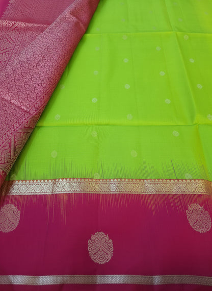 Pure Handloom Soft SIlk - Parrot Green & pink Rudraksh Gandaberundu motifs