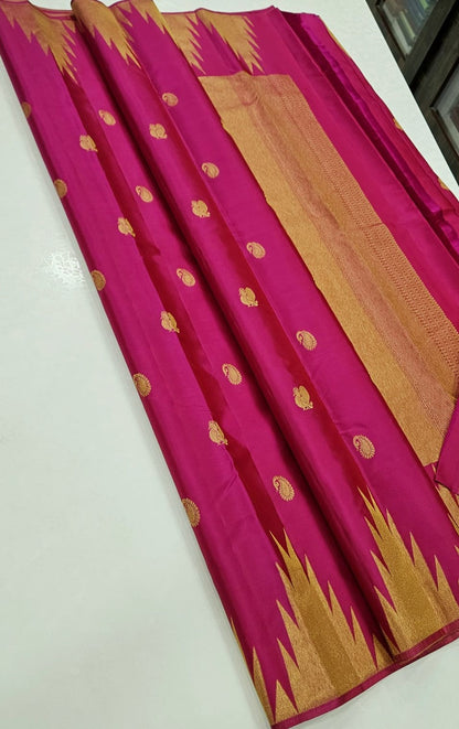 Pure Kanjeevaram-Hot Pink Temple Border Peacock-Mango motifs