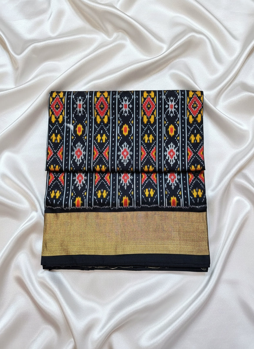 Pure Handloom Pochampally Ikat - Geometric Motifs - Black