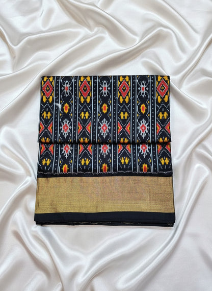 Pure Handloom Pochampally Ikat - Geometric Motifs - Black