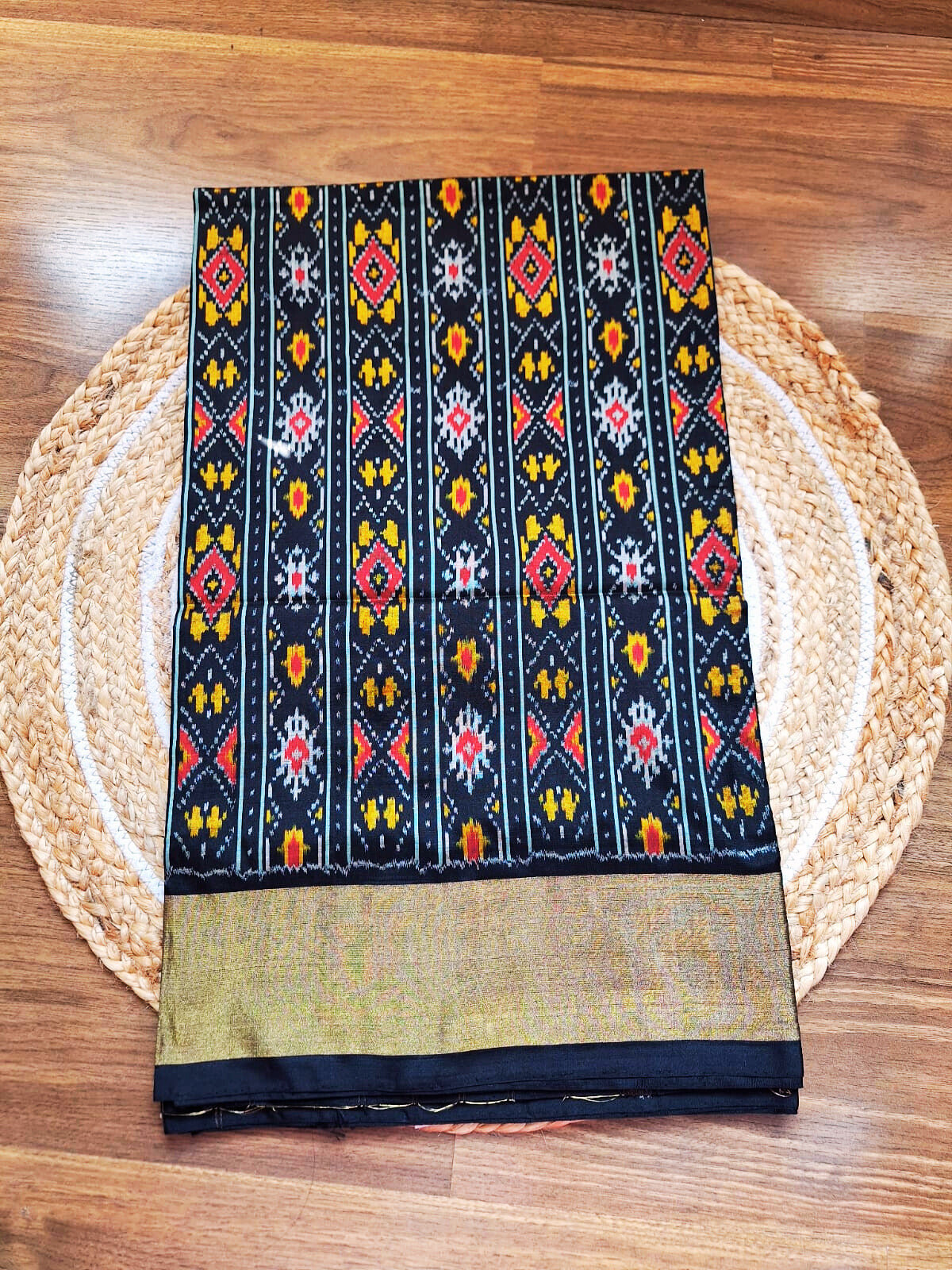 Pure Handloom Pochampally Ikat - Geometric Motifs - Black