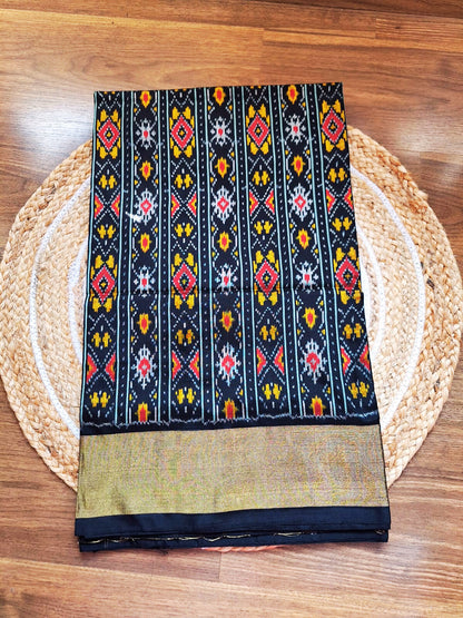 Pure Handloom Pochampally Ikat - Geometric Motifs - Black