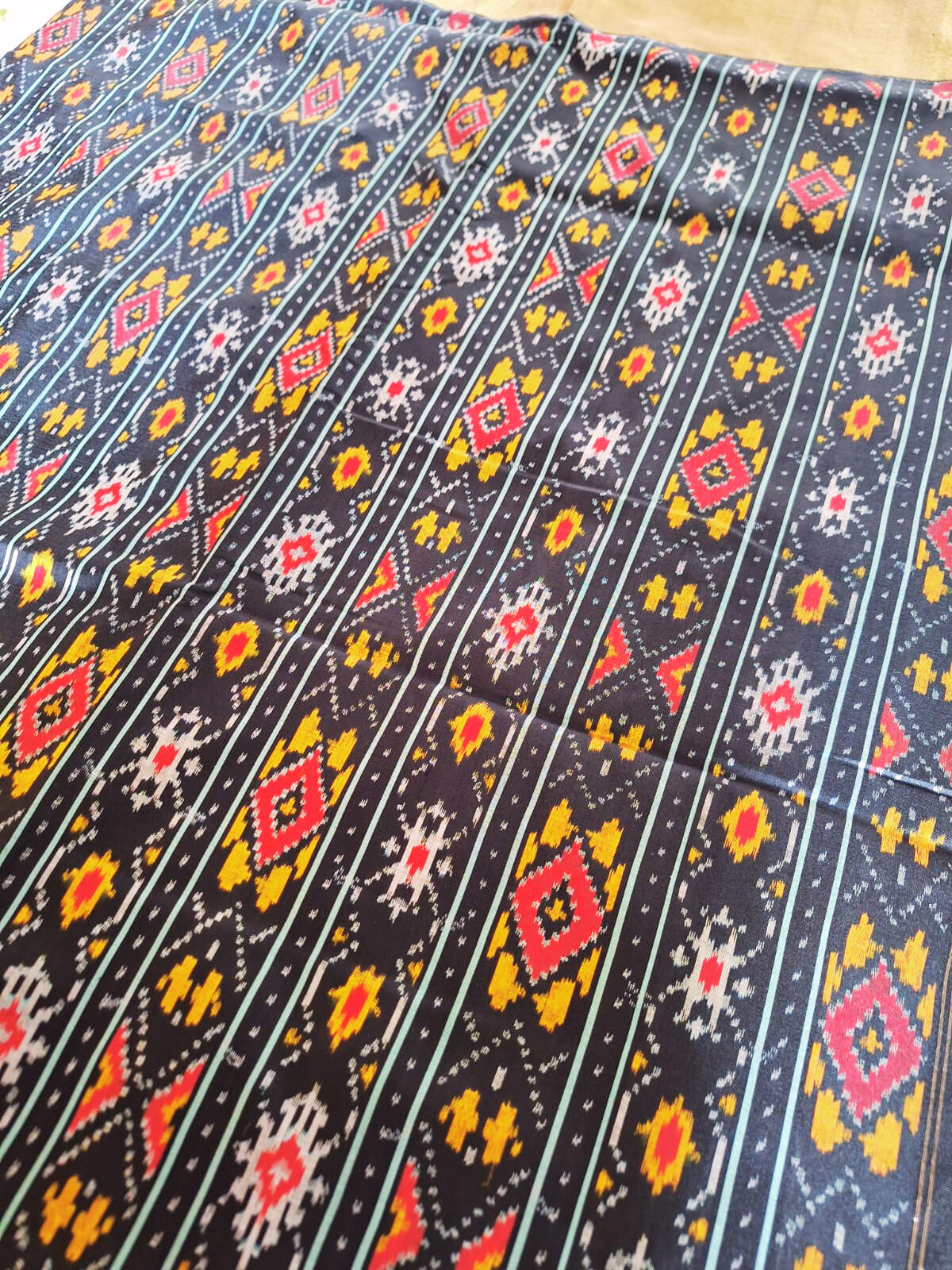 Pure Handloom Pochampally Ikat - Geometric Motifs - Black