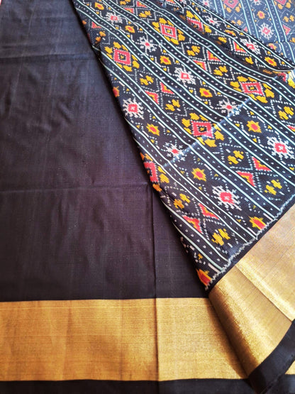Pure Handloom Pochampally Ikat - Geometric Motifs - Black