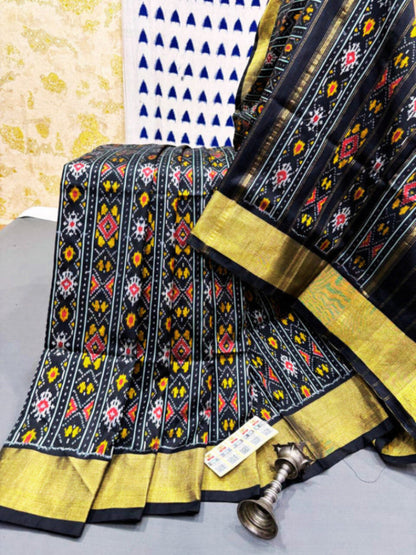 Pure Handloom Pochampally Ikat - Geometric Motifs - Black