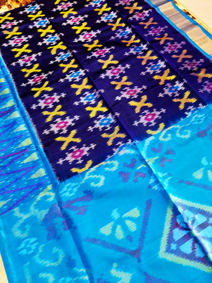 Pure Handloom Soft Silk-Navy-Blue Pochampally Ikat