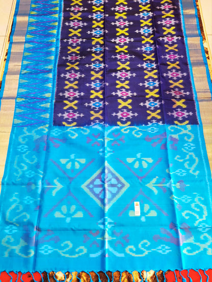 Pure Handloom Soft Silk-Navy-Blue Pochampally Ikat