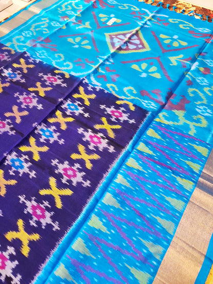 Pure Handloom Soft Silk-Navy-Blue Pochampally Ikat