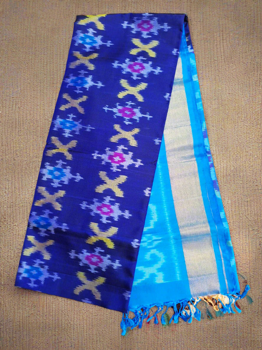 Pure Handloom Soft Silk-Navy-Blue Pochampally Ikat