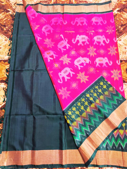 Pure Handloom Soft Silk-Pink-Green Pochampally Ikat Maratha pattern