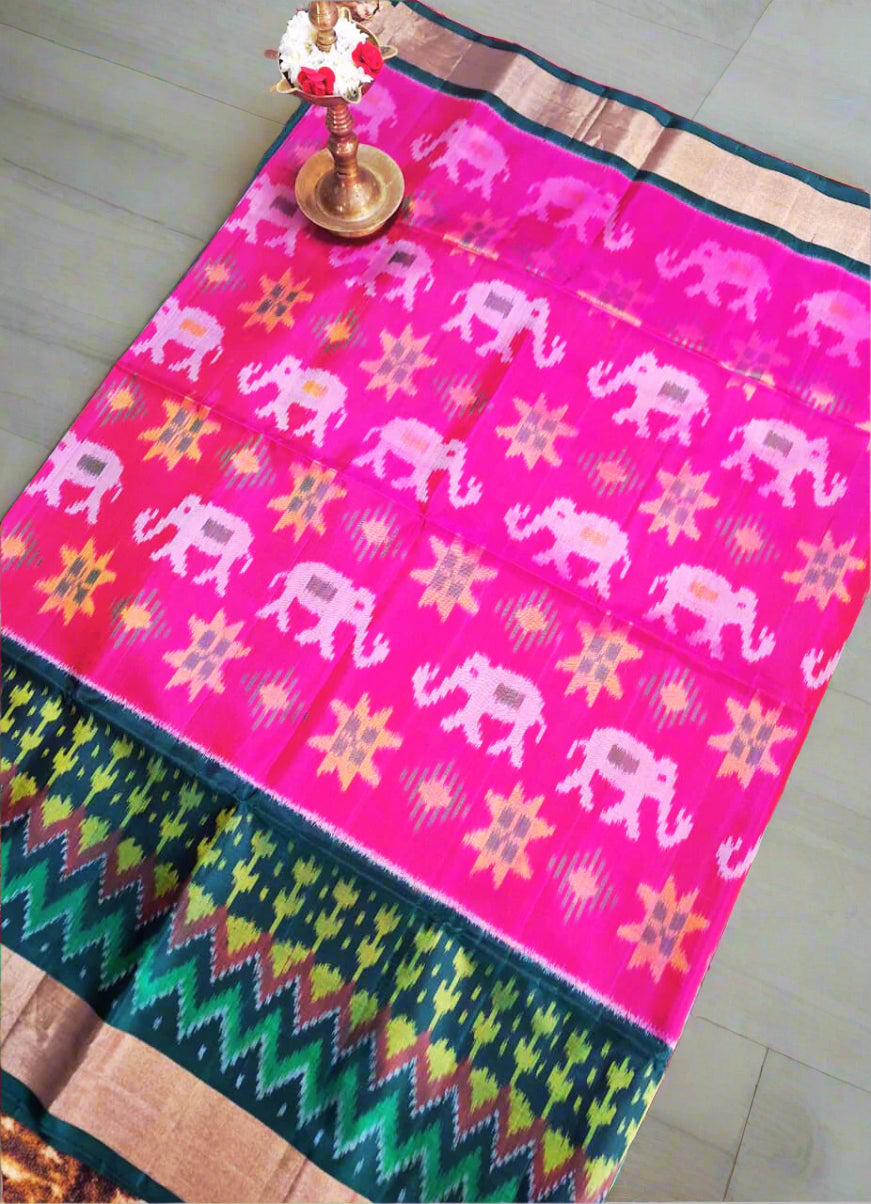 Pure Handloom Soft Silk-Pink-Green Pochampally Ikat Maratha pattern