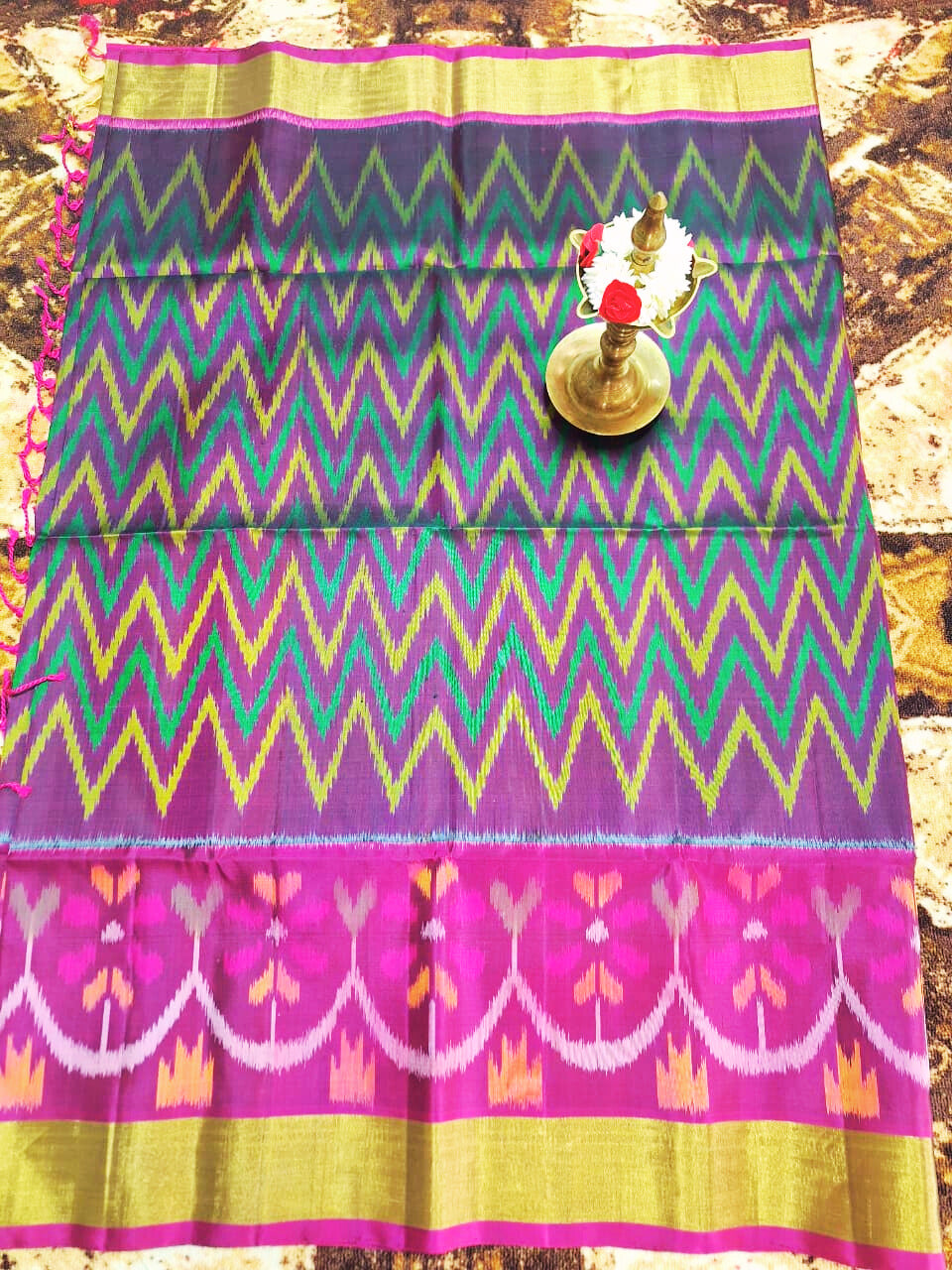 Pure Handloom Soft Silk-Mulitcolor-Pink Pochampally Ikat