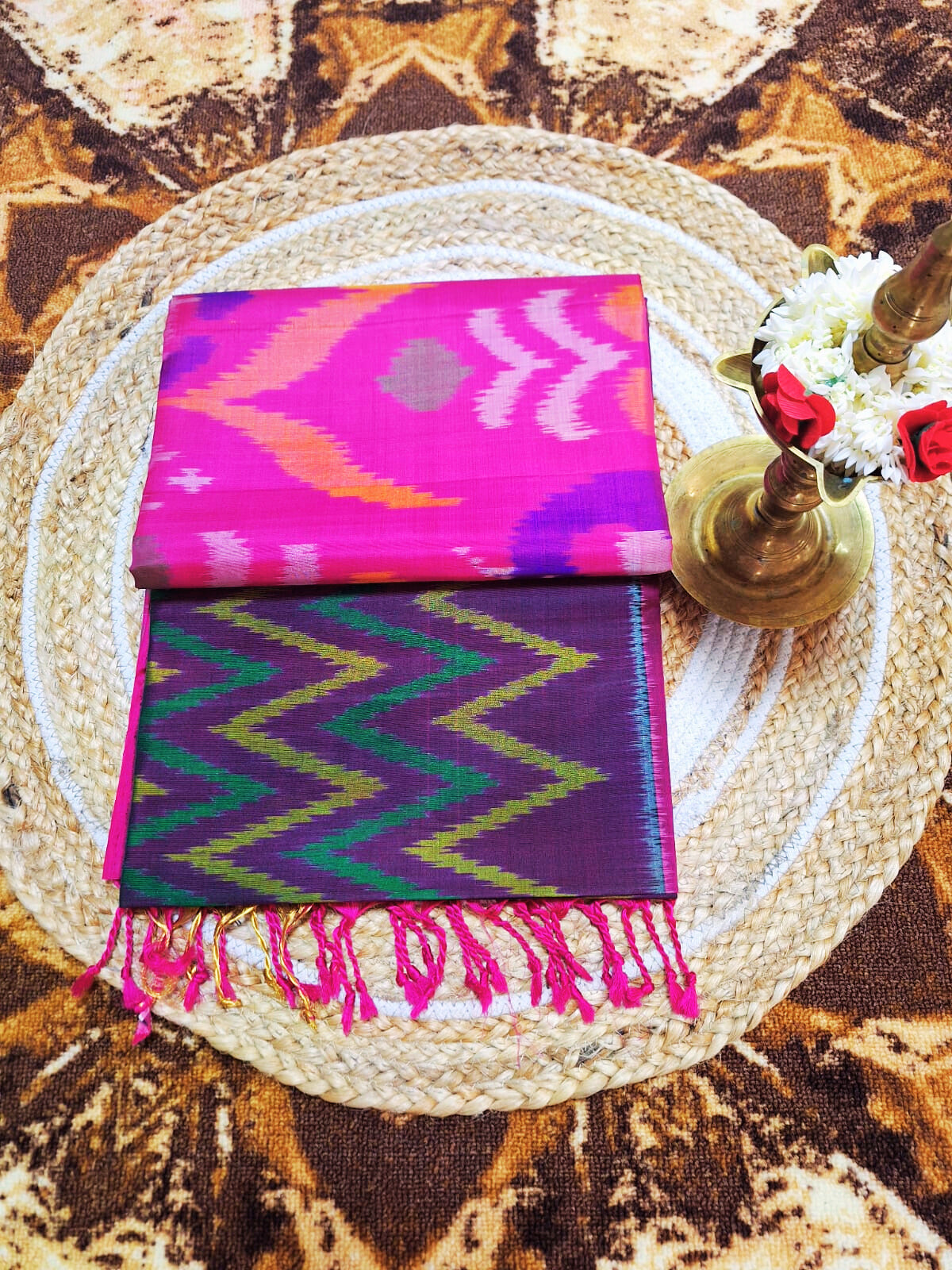Pure Handloom Soft Silk-Mulitcolor-Pink Pochampally Ikat