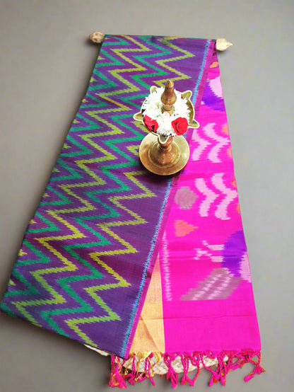 Pure Handloom Soft Silk-Mulitcolor-Pink Pochampally Ikat