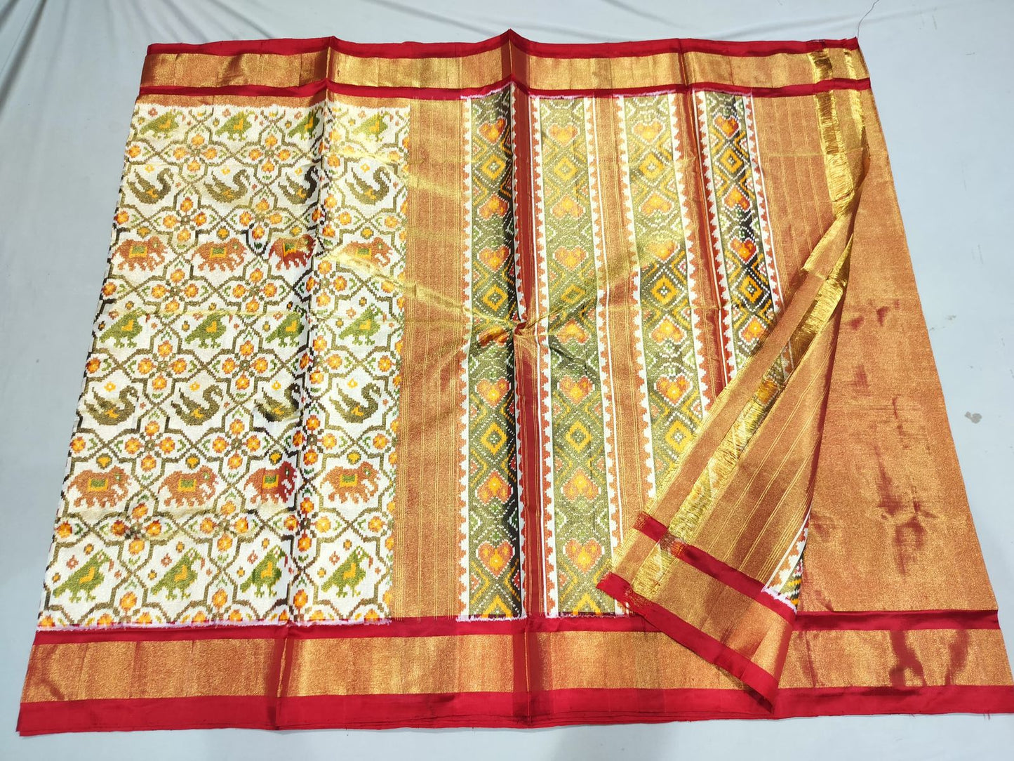 Pure Handloom Pochampally Ikat - Tissue Silk Creme Multi Figure cross Pattern