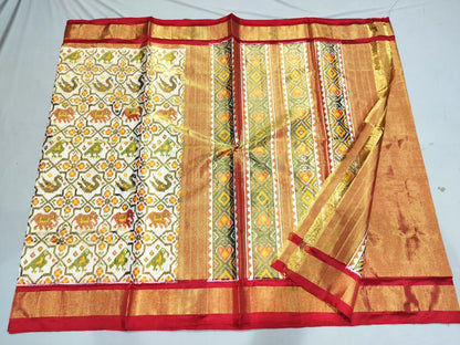Pure Handloom Pochampally Ikat - Tissue Silk Creme Multi Figure cross Pattern