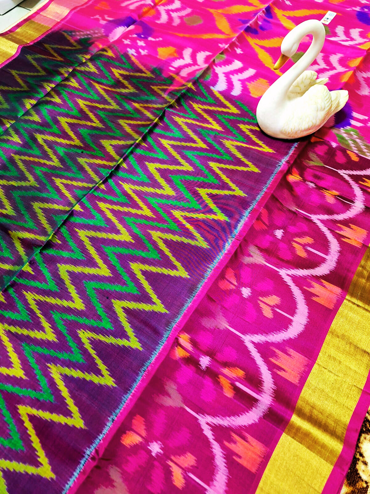 Pure Handloom Soft Silk-Mulitcolor-Pink Pochampally Ikat